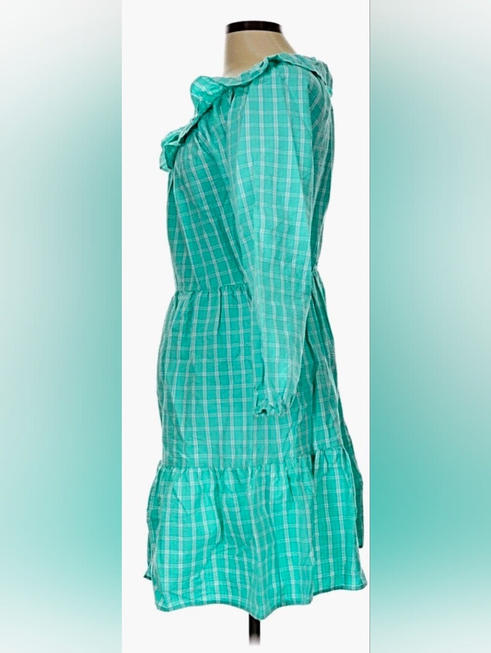 J. CREW 🩵 SEERSUCKER PLAID MIDI DRESS 🩵 Cotton 🎀 Ruffle Detail 🍭 sz 12 😎NWT - Picture 5 of 9